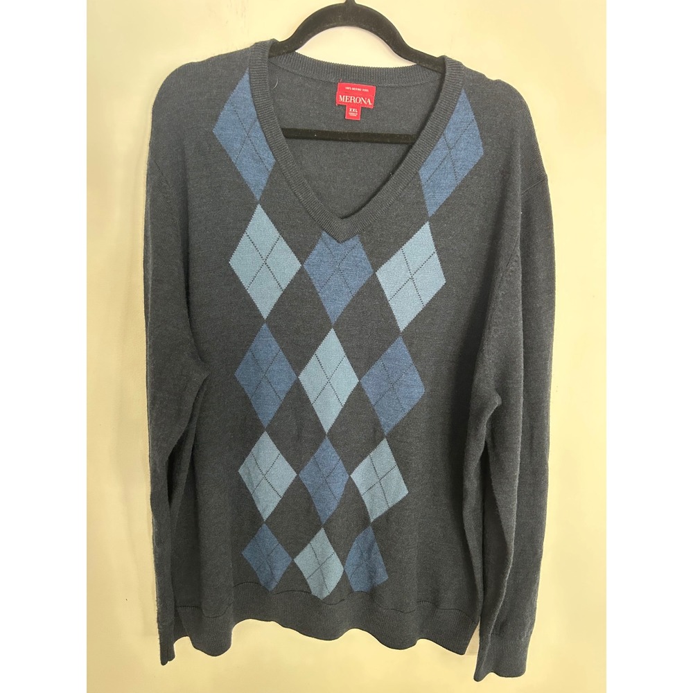 Merona Mens XXL V-Neck Sweater 100% Merino Wool Argyle Charcoal Blue Grey